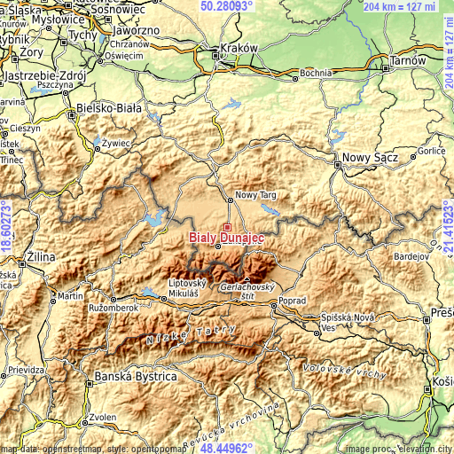 Topographic map of Biały Dunajec