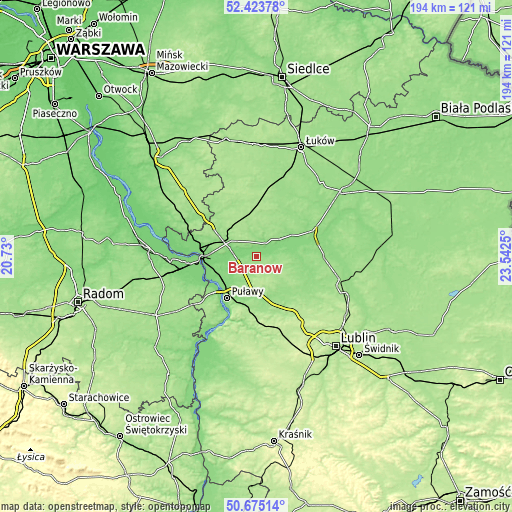 Topographic map of Baranów