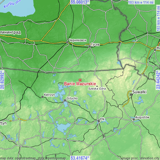 Topographic map of Banie Mazurskie