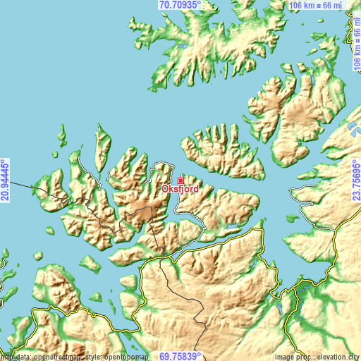 Topographic map of Øksfjord
