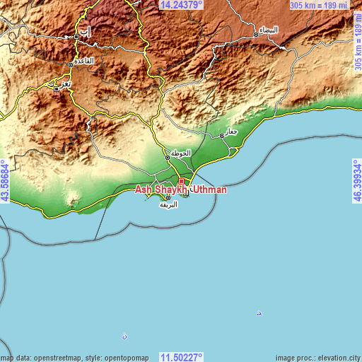 Topographic map of Ash Shaykh ‘Uthmān