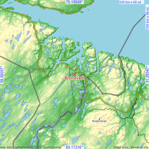 Topographic map of Bjørnevatn