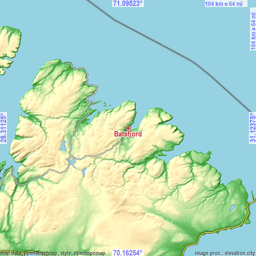 Topographic map of Båtsfjord