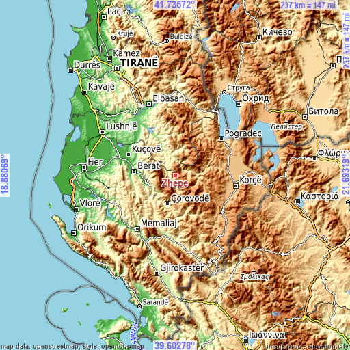Topographic map of Zhepë
