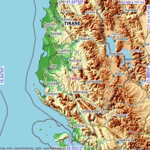 Topographic map of Vërtop