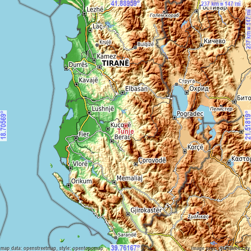 Topographic map of Tunjë