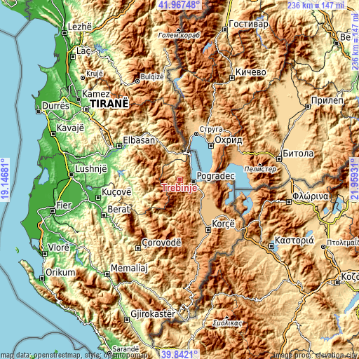 Topographic map of Trebinjë