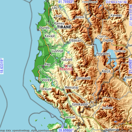 Topographic map of Roshnik