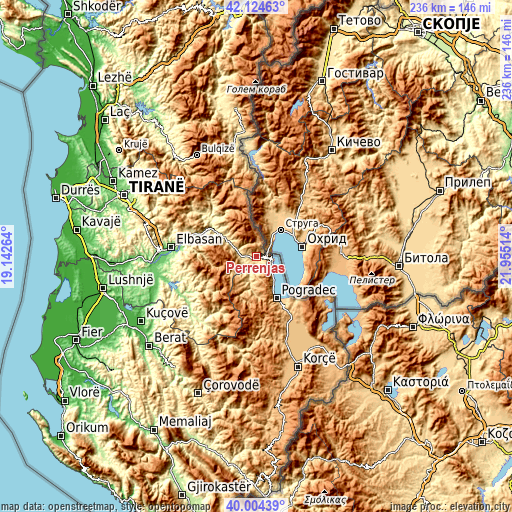 Topographic map of Përrenjas