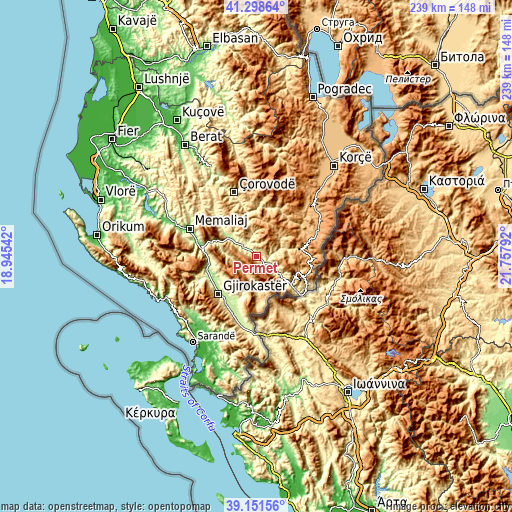 Topographic map of Përmet
