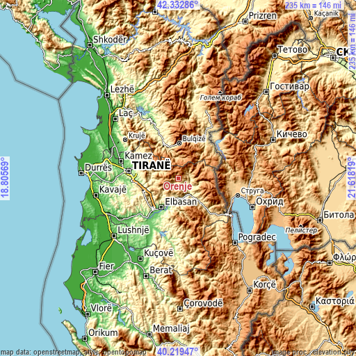 Topographic map of Orenjë
