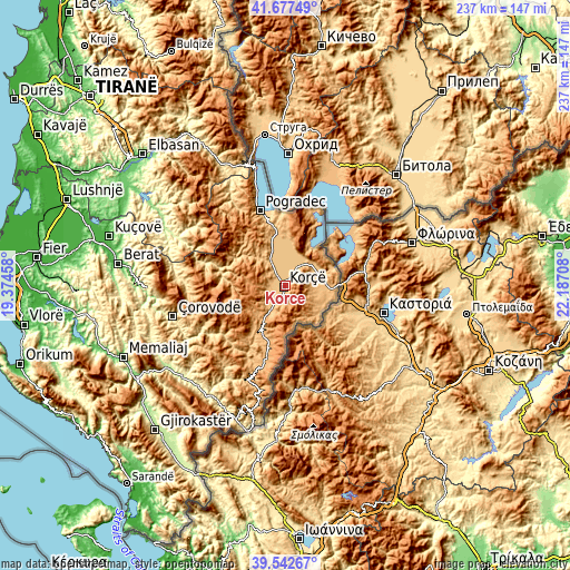 Topographic map of Korçë