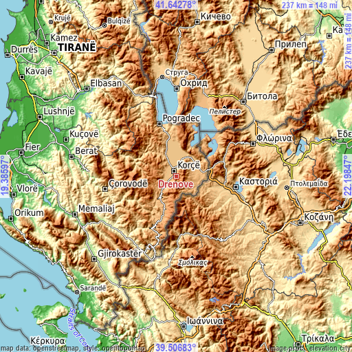 Topographic map of Drenovë
