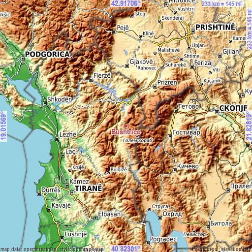Topographic map of Bushtricë
