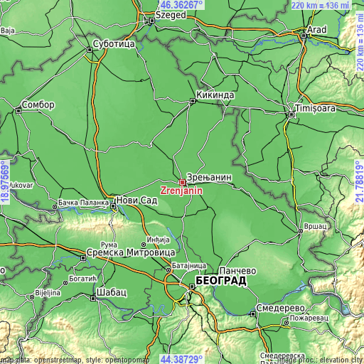 Topographic map of Zrenjanin