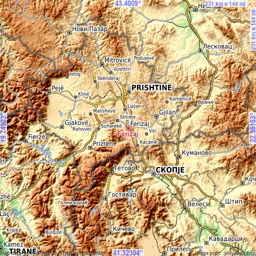 Topographic map of Ferizaj