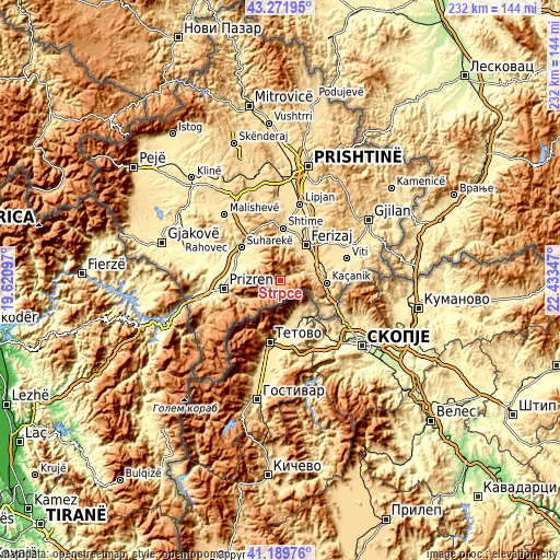 Topographic map of Štrpce