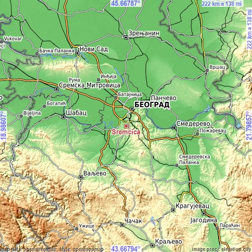 Topographic map of Sremčica