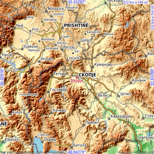 Topographic map of Skopje