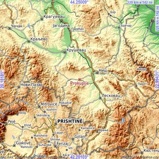 Topographic map of Prokuplje