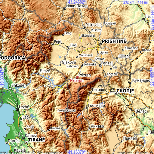 Topographic map of Prizren
