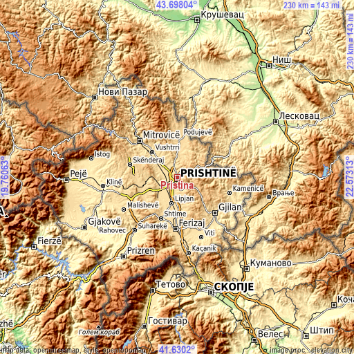 Topographic map of Pristina
