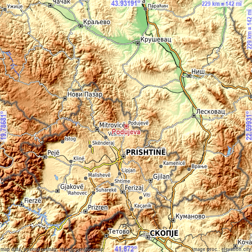 Topographic map of Podujeva
