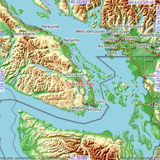 Topographic map of Cowichan Bay