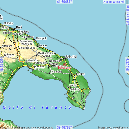 Topographic map of Tuturano