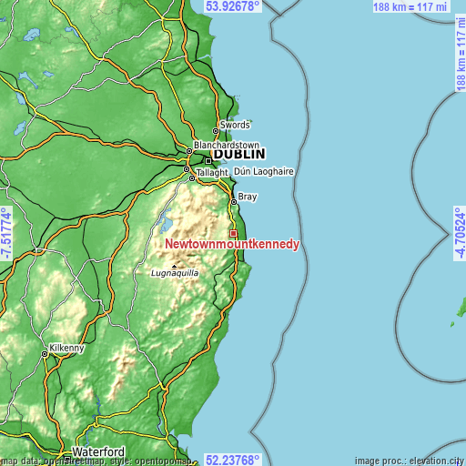 Topographic map of Newtownmountkennedy