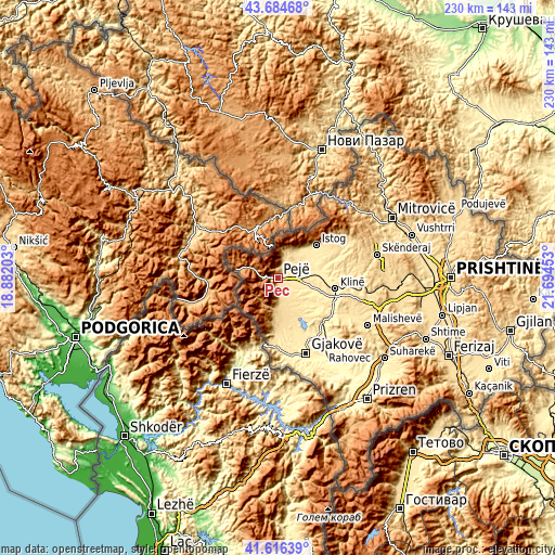 Topographic map of Peć