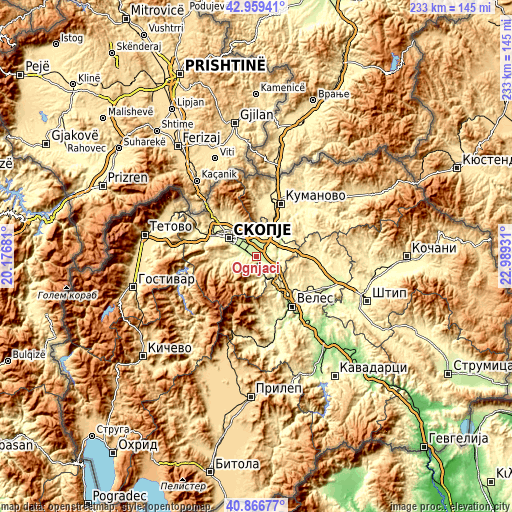 Topographic map of Ognjaci