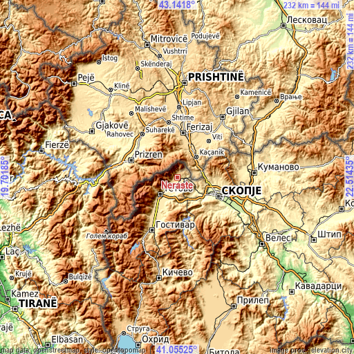 Topographic map of Nerašte