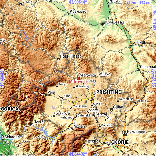 Topographic map of Mitrovicë