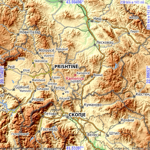 Topographic map of Kamenica