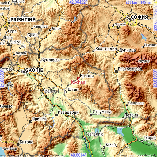 Topographic map of Kochani