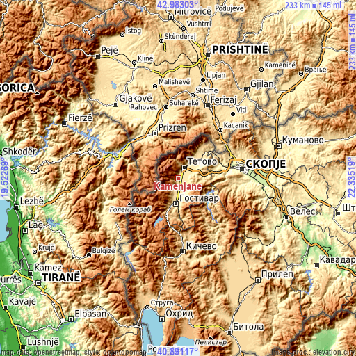 Topographic map of Kamenjane