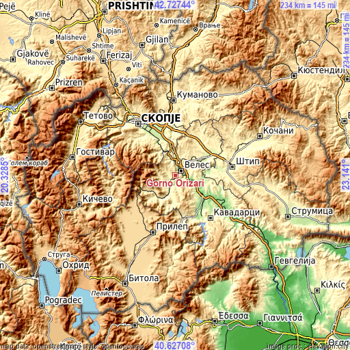 Topographic map of Gorno Orizari