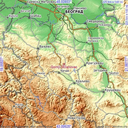 Topographic map of Gornji Milanovac