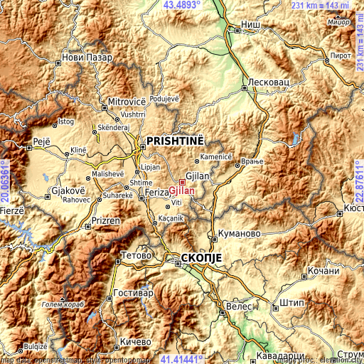 Topographic map of Gjilan