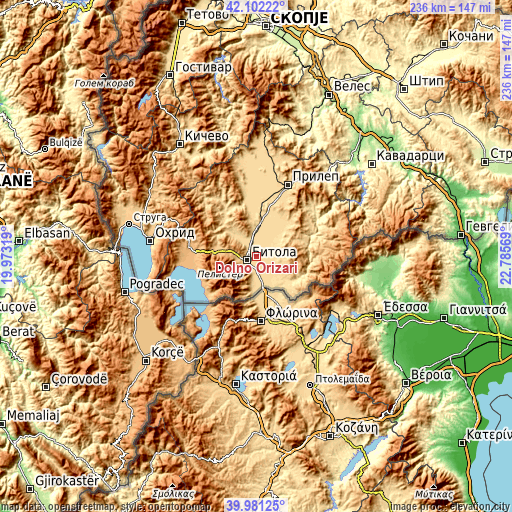 Topographic map of Dolno Orizari