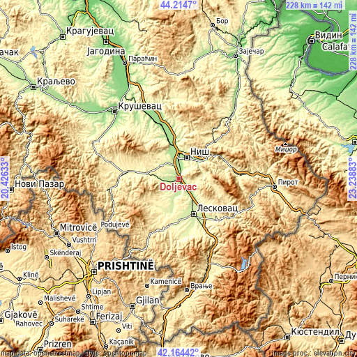 Topographic map of Doljevac