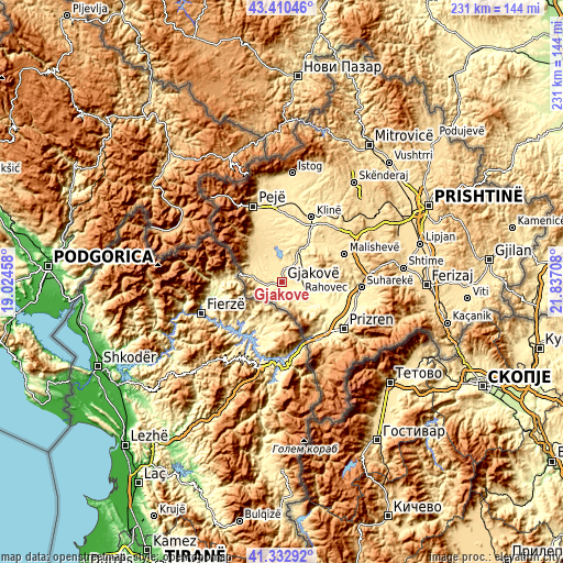 Topographic map of Gjakovë
