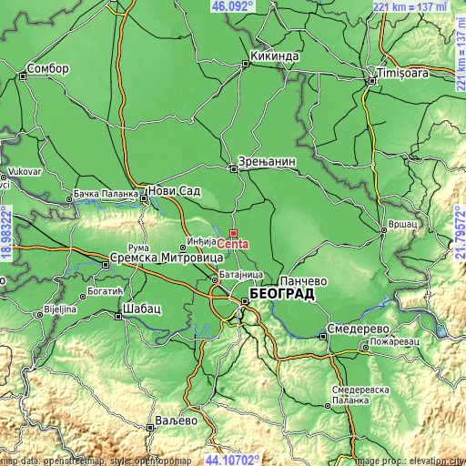 Topographic map of Čenta