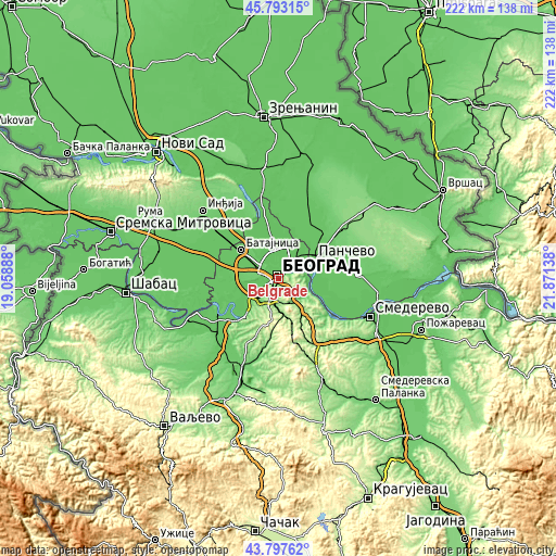 Topographic map of Belgrade