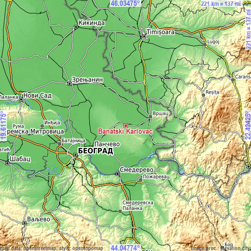 Topographic map of Banatski Karlovac