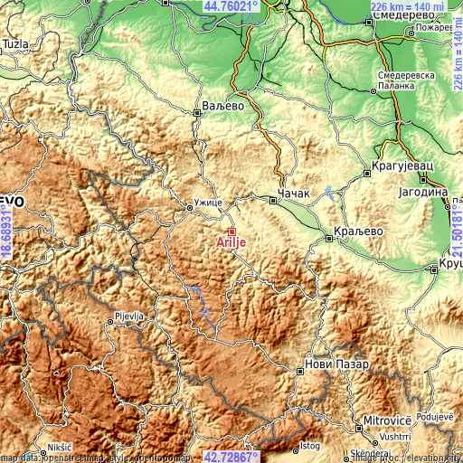 Topographic map of Arilje