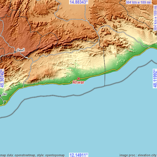 Topographic map of Aḩwar