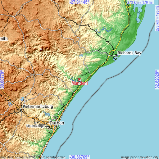 Topographic map of Mandeni