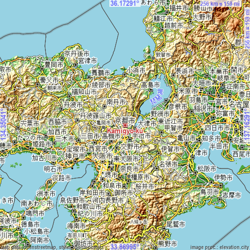 Topographic map of Kamigyō-ku